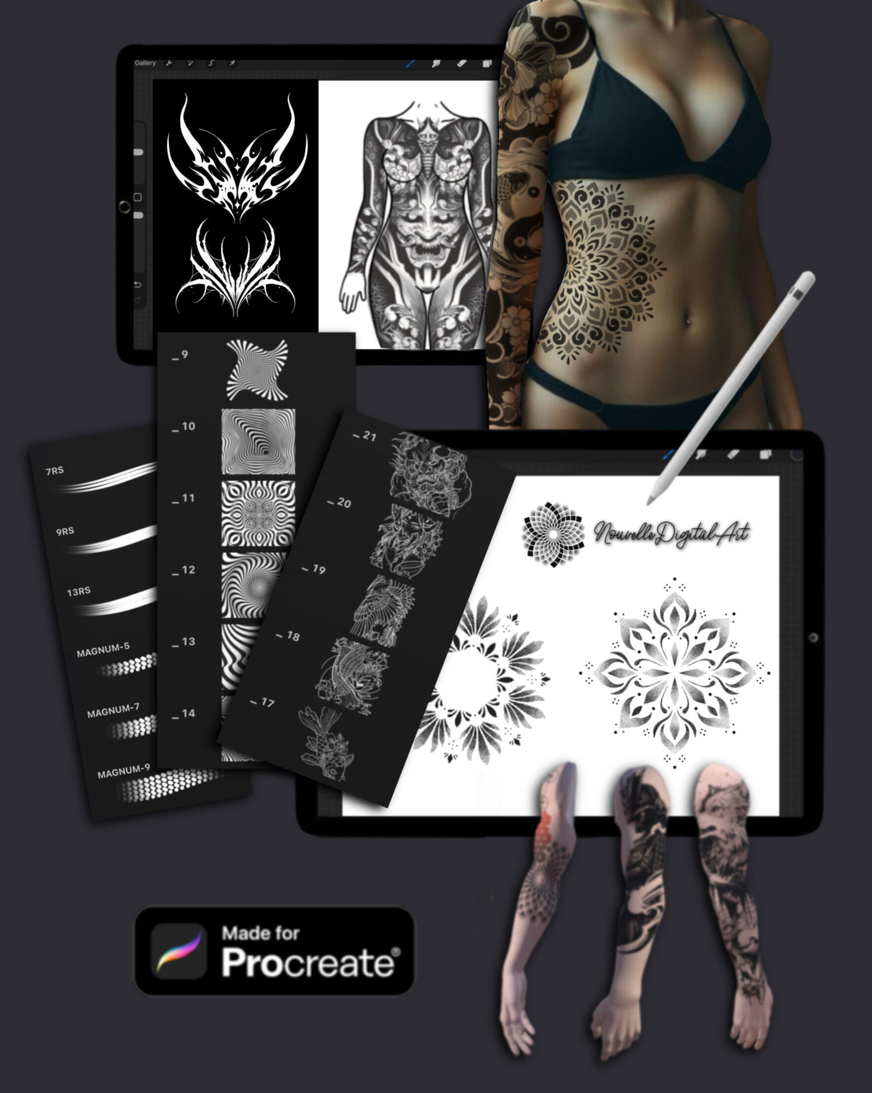 female body PNG tattoo mockup for Procreate design showcase — modelo femenino tatuajes